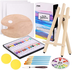 Painting Kit for Adults - 39 Piece Set Includes 24 Acrylic Paints, 3 Canvas, 6 Brushes, Wood Palette, Table Easel, Color Wheel, Spatula