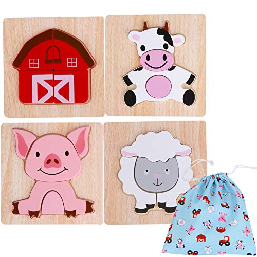 Toddler Wooden Jigsaw Puzzles Chunky – (Pack of 4) Educational Toys for Preschool Kids Ages 1 2 3 year old Boys or Girls Gift with Matching Canvas Bag - Farm Wooden Animals Set Developmental Games