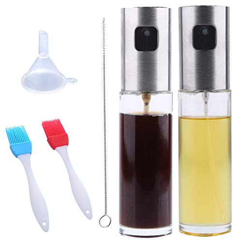 Olive Oil Sprayer Mister Bottle –2 Pack Bundled with Oil Brush, Funnel and Cleaning Brush, Stainless Steel Dispenser Glass Cooking Oil Sprayer Spritzer for Vinegar Lemon Juice Avocado Oil Coconut Oil