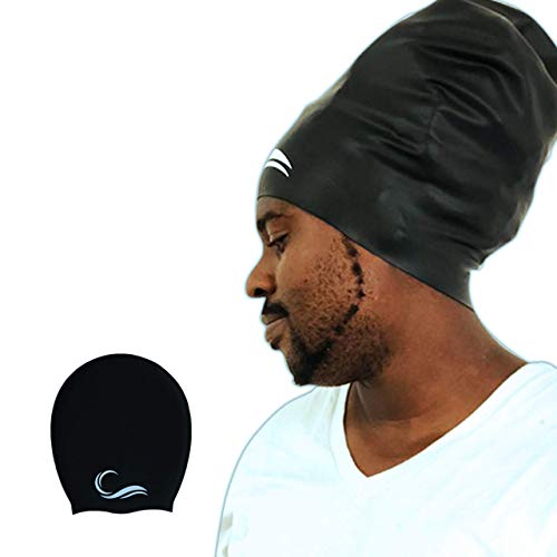 Long Hair Dreadlock Swim Cap – Silicone Swimming XL Cap - Waterproof Black Extra Large Cap with Extra Pouch – Pool Caps Ideal for Women Men Youth.