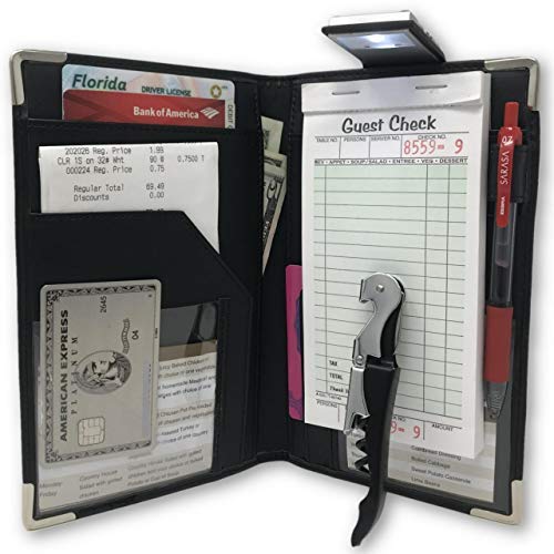 Waitress Server Book Wallet Organizer – Bundled with Wine Opener & Reading Flashlight – Black 10 Pocket Waiter Pad for Restaurant Waitstaff – Fits Apron and Holds Receipts Money Guest Check Pen Cards