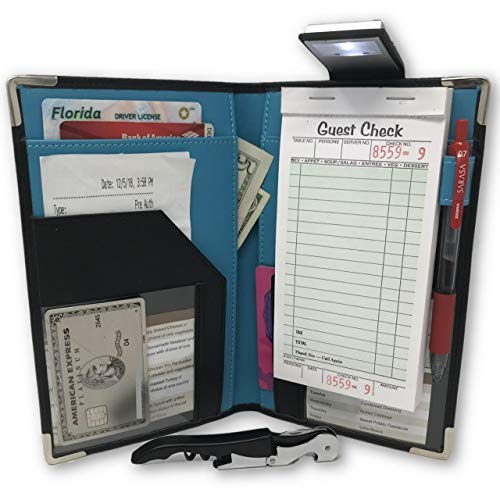Waitress Server Book Wallet Organizer – Bundled with Wine Opener & Reading Flashlight – Blue 10 Pocket Waiter Pad for Restaurant Waitstaff – Fits Apron and Holds Receipts Money Guest Check Pen Cards
