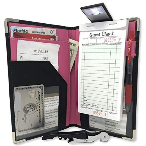 Waitress Server Book Wallet Organizer – Bundled with Wine Opener & Reading Flashlight – Pink 10 Pocket Waiter Pad for Restaurant Waitstaff – Fits Apron and Holds Receipts Money Guest Check Pen Cards