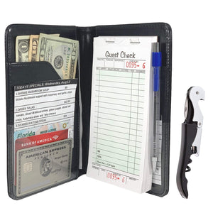 Server Book Waitress Wallet Organizer – BLACK Bundle with WINE OPENER – BLACK 7 Pocket Waiter Pad for Restaurant Waitstaff – Fits Apron and Holds Receipts Money Guest Check Pen Credit Cards Daily Specials and Much More