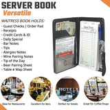 Server Book Waitress Wallet Organizer – BLACK Bundle with WINE OPENER – BLACK 7 Pocket Waiter Pad for Restaurant Waitstaff – Fits Apron and Holds Receipts Money Guest Check Pen Credit Cards Daily Specials and Much More