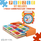 Wooden Toddler Puzzles and Rack Set - (3 Pack) Bundle with Storage Holder Rack and Learning Clock - Kids Educational Preschool Puzzles for Children Boys Girls – Letters, Numbers and Shapes