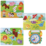 Wooden Toddler Puzzles and Rack Set - (3 Pack) Bundle with Storage Holder Rack and Learning Clock - Kids Educational Preschool Peg Puzzles for Children Boys Girls – Safari, Dinosaur and Farm Animals