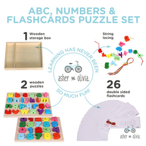 Alphabet Number Puzzles & Flash Cards – with Lacing Beads and Threads - Preschool Educational Learning Montessori Toys Toddlers, Kids – ABC Letter, Number, Word, Flashcards Wooden Activities Games