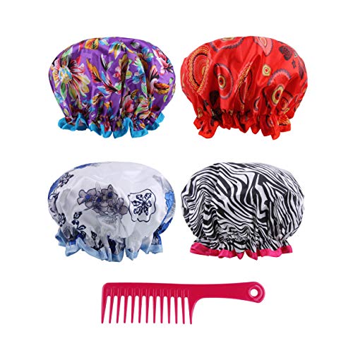 Reusable Shower Cap Women Hair - (Pack of 4) Lined Plastic Showercap Waterproof Bath Hat Hair Cover Caps Bundled with 1 Detangling Comb Perfect for all Hair Lengths and Thicknesses