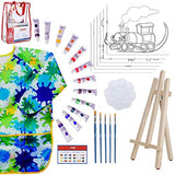 Paint Easel Kids Art Set– 28-Piece Acrylic Painting Supplies Kit with Storage Bag, 12 Non Toxic Washable Paints, 1 Scratch Free Easel, 6 Pre-Stenciled Canvases 8 x 10 inches, 5 Brushes, 10 Well Palette, Smock and Color Mixing Chart