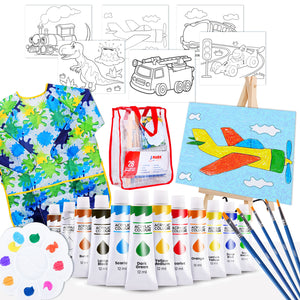 Paint Easel Kids Art Set– 28-Piece Acrylic Painting Supplies Kit with Storage Bag, 12 Non Toxic Washable Paints, 1 Scratch Free Easel, 6 Pre-Stenciled Canvases 8 x 10 inches, 5 Brushes, 10 Well Palette, Smock and Color Mixing Chart