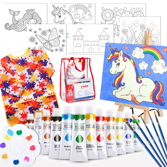 Paint Easel Kids Art Set– 28-Piece Acrylic Painting Supplies Kit with Storage Bag, 12 Non Toxic Washable Paints, 1 Scratch Free Easel, 6 Pre-Stenciled Canvases 8 x 10 inches, 5 Brushes, 10 Well Palette, Smock and Color Mixing Chart