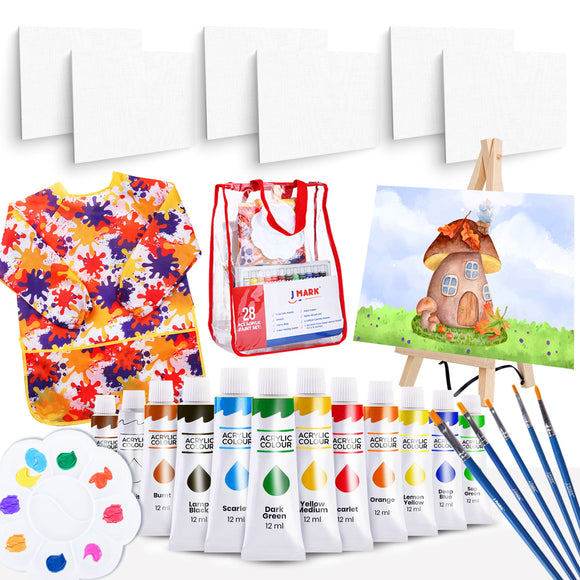 Paint Easel Kids Art Set– 28-Piece Acrylic Painting Supplies Kit with Storage Bag, 12 Non Toxic Washable Paints, 1 Scratch Free Wood Easel, 6 Blank Canvases 8 x 10 inches, 5 Brushes, 10 Well Palette, Smock and Color Mixing Chart