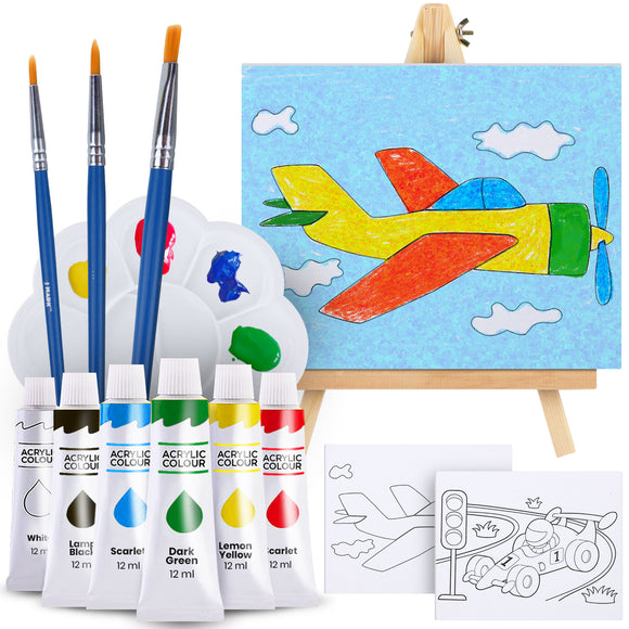 Paint Easel Kids Art Set– 14-Piece Acrylic Painting Kit with 6 Non Toxic Washable Paints, 1 Wood Easel, 2 Pre-Stenciled Canvases 8 x 10 inches, 3 Brushes, Palette and Color Mixing Chart Craft Supplies