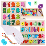 Alphabet Number Puzzles & Flash Cards – with Lacing Beads and Threads - Preschool Educational Learning Montessori Toys Toddlers, Kids – ABC Letter, Number, Word, Flashcards Wooden Activities Games