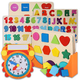 Wooden Toddler Puzzles and Rack Set - (3 Pack) Bundle with Storage Holder Rack and Learning Clock - Kids Educational Preschool Puzzles for Children Boys Girls – Letters, Numbers and Shapes