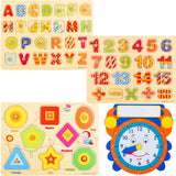 Wooden Peg Puzzles for Toddlers – (Pack of 3 with Learning Foam Clock) Educational Preschool Puzzles for Toddlers Kids Boys Girls Children – Chunky Alphabet Number Letter Math Signs Shapes Puzzle