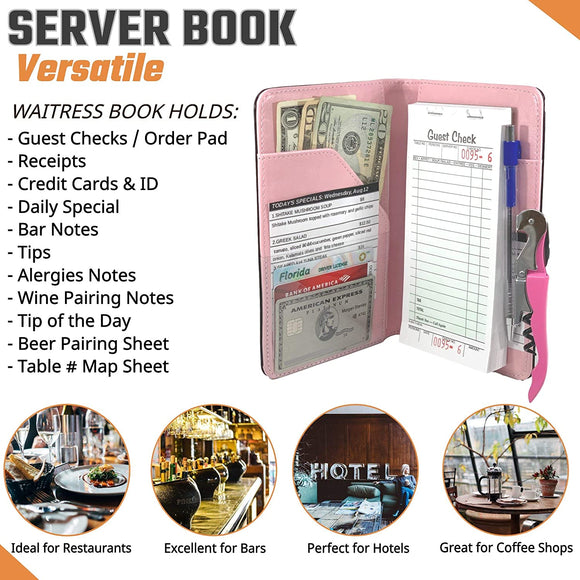 Server Book Waitress Wallet Organizer – PINK Bundle with WINE OPENER – BLACK 7 Pocket Waiter Pad for Restaurant Waitstaff – Fits Apron and Holds Receipts Money Guest Check Pen Credit Cards Daily Specials and Much More