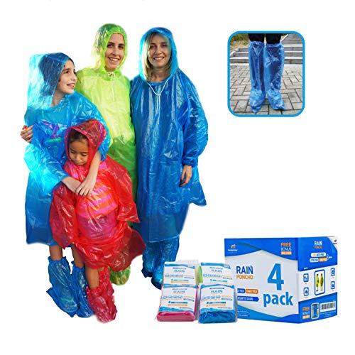 Emergency Family Rain Ponchos Extra Thick – 4 Pack Disposable Plastic Raincoat Bundled with Shoe Covers for Adults and Kids – Assorted Colors and 100% Waterproof Rain Gear