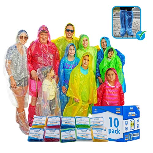 Emergency Family Rain Ponchos Extra Thick – 10 Pack Disposable Plastic Raincoat Bundled with Shoe Covers for Adults and Kids – Assorted Colors and 100% Waterproof Rain Gear