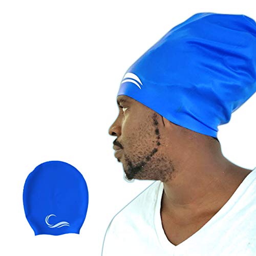 Long Hair Dreadlock Swim Cap – Silicone Swimming L Cap - Waterproof Blue Cap with Extra Pouch – Pool Caps Ideal for Women Men Youth Children.