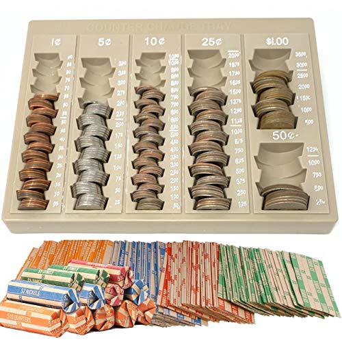 Coin Counter Sorter Money Tray – Bundled with 64 Coin Roll Wrappers Bundle – 6 Compartment Change Organizer and Holder with Secure Cover - Ideal for Bank, Business or Home Use