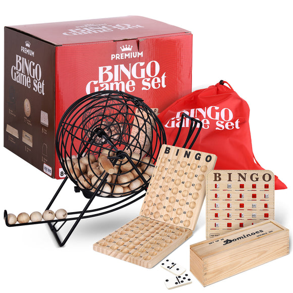 Professional Deluxe Bingo Game Set – Bundle with Dominoes Set - Bingo Cage, Balls, Cards, Storage Bag for Kids, Adults, Family Games
